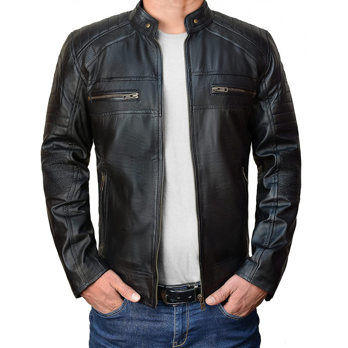 Mens Cafe Racer Black Motorcycle Leather Jacket